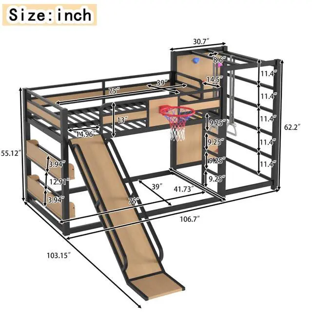 Alt view image 2 of 7 - Hassyee Twin XL/Twin/Full Size Metal Loft/Bunk Bed with Basketball Hoop, Climbing Wall and Bookshelves, Dorm Bed with Slide, Guardrail and Ladder for Boys Girls Bedroom Playroom (Yellow Twin)