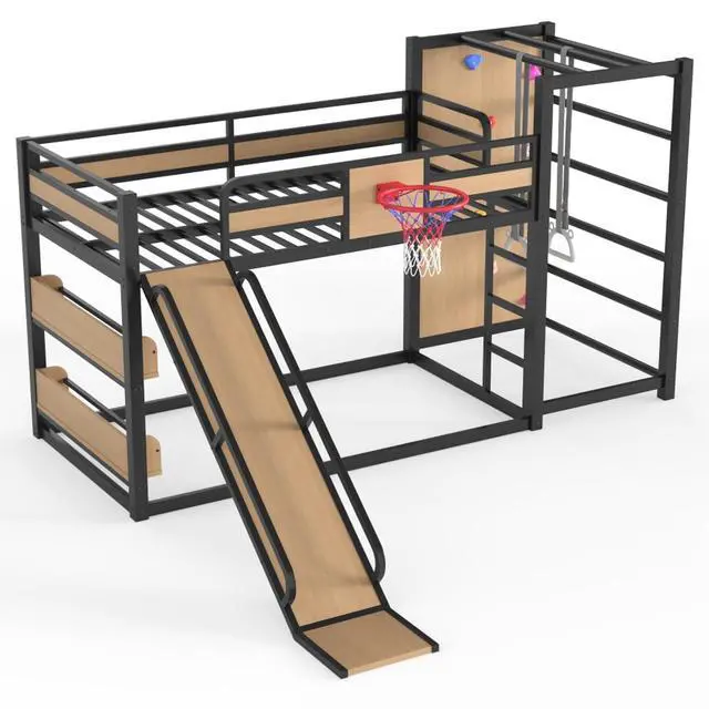 Alt view image 5 of 7 - Hassyee Twin XL/Twin/Full Size Metal Loft/Bunk Bed with Basketball Hoop, Climbing Wall and Bookshelves, Dorm Bed with Slide, Guardrail and Ladder for Boys Girls Bedroom Playroom (Yellow Twin)