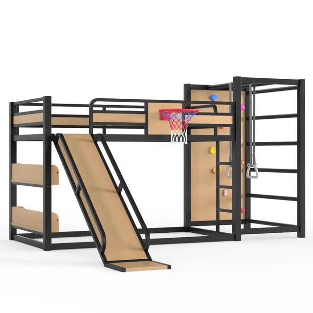Alt view image 6 of 7 - Hassyee Twin XL/Twin/Full Size Metal Loft/Bunk Bed with Basketball Hoop, Climbing Wall and Bookshelves, Dorm Bed with Slide, Guardrail and Ladder for Boys Girls Bedroom Playroom (Yellow Twin)