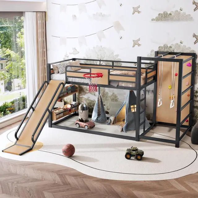 Alt view image 4 of 7 - Hassyee Twin XL/Twin/Full Size Metal Loft/Bunk Bed with Basketball Hoop, Climbing Wall and Bookshelves, Dorm Bed with Slide, Guardrail and Ladder for Boys Girls Bedroom Playroom (Yellow Twin)