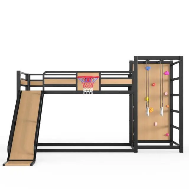 Alt view image 7 of 7 - Hassyee Twin XL/Twin/Full Size Metal Loft/Bunk Bed with Basketball Hoop, Climbing Wall and Bookshelves, Dorm Bed with Slide, Guardrail and Ladder for Boys Girls Bedroom Playroom (Yellow Twin)