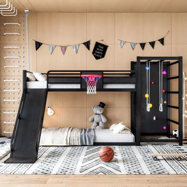 Main image of Hassyee Twin XL/Twin/Full Size Metal Loft/Bunk Bed with Basketball Hoop, Climbing Wall and Bookshelves, Dorm Bed with Slide, Guardrail and Ladder for Boys Girls Bedroom Playroom (Black Twin XL)