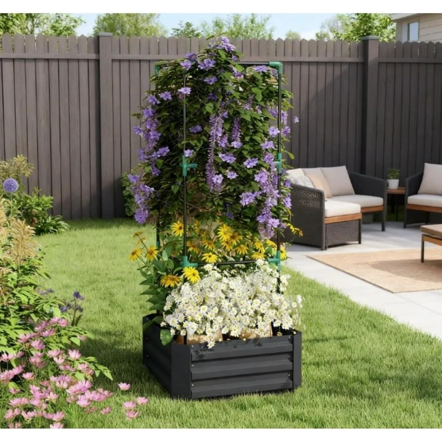 Alt view image 7 of 7 - Hassyee Metal Raised Garden Bed with Cage and Open Bottom Design for Backyard, Lawn, Park, Outdoor Planter Box with Steel Frame and Trellis for Growing Vegetables, Flowers (Dark Gray)