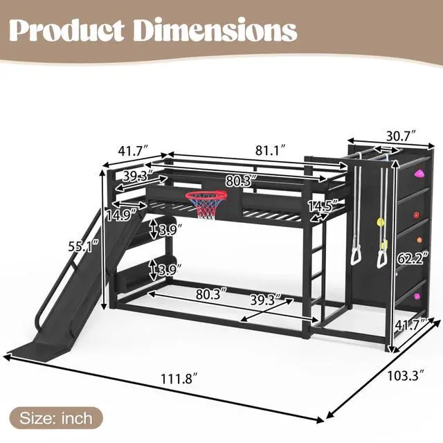Alt view image 2 of 7 - Hassyee Twin XL/Twin/Full Size Metal Loft/Bunk Bed with Basketball Hoop, Climbing Wall and Bookshelves, Dorm Bed with Slide, Guardrail and Ladder for Boys Girls Bedroom Playroom (Black Twin XL)