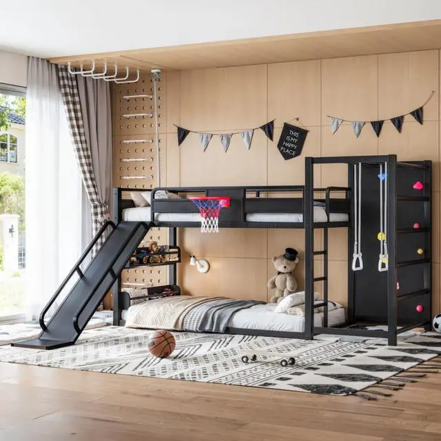 Alt view image 3 of 7 - Hassyee Twin XL/Twin/Full Size Metal Loft/Bunk Bed with Basketball Hoop, Climbing Wall and Bookshelves, Dorm Bed with Slide, Guardrail and Ladder for Boys Girls Bedroom Playroom (Black Twin XL)