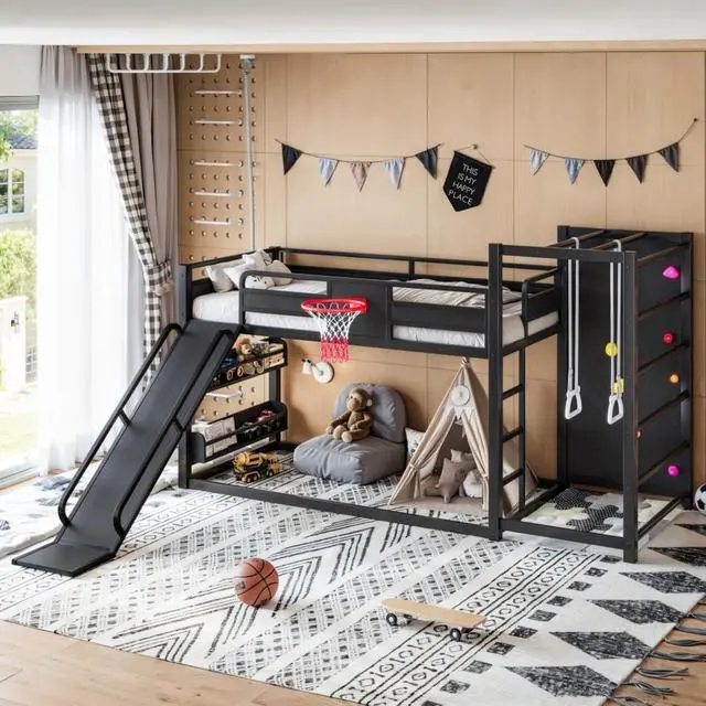 Alt view image 4 of 7 - Hassyee Twin XL/Twin/Full Size Metal Loft/Bunk Bed with Basketball Hoop, Climbing Wall and Bookshelves, Dorm Bed with Slide, Guardrail and Ladder for Boys Girls Bedroom Playroom (Black Twin XL)