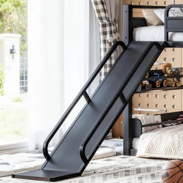 Alt view image 5 of 7 - Hassyee Twin XL/Twin/Full Size Metal Loft/Bunk Bed with Basketball Hoop, Climbing Wall and Bookshelves, Dorm Bed with Slide, Guardrail and Ladder for Boys Girls Bedroom Playroom (Black Twin XL)