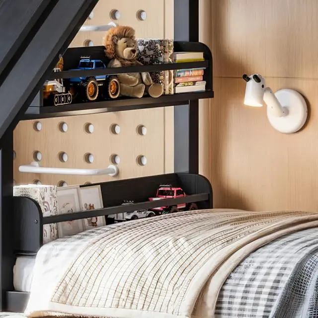 Alt view image 6 of 7 - Hassyee Twin XL/Twin/Full Size Metal Loft/Bunk Bed with Basketball Hoop, Climbing Wall and Bookshelves, Dorm Bed with Slide, Guardrail and Ladder for Boys Girls Bedroom Playroom (Black Twin XL)