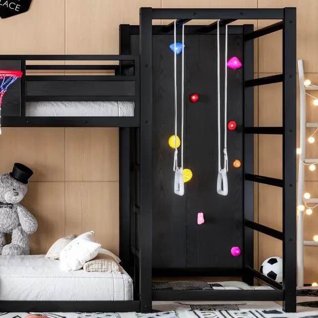 Alt view image 7 of 7 - Hassyee Twin XL/Twin/Full Size Metal Loft/Bunk Bed with Basketball Hoop, Climbing Wall and Bookshelves, Dorm Bed with Slide, Guardrail and Ladder for Boys Girls Bedroom Playroom (Black Twin XL)