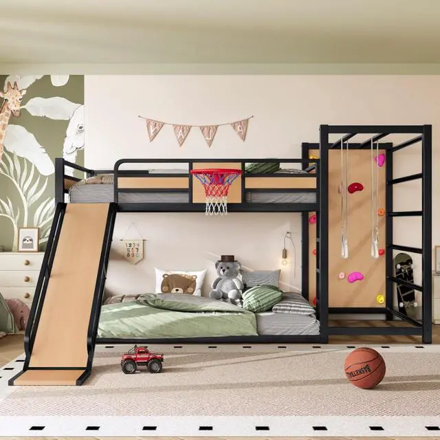 Main image of Hassyee Twin XL/Twin/Full Size Metal Loft/Bunk Bed with Basketball Hoop, Climbing Wall and Bookshelves, Dorm Bed with Slide, Guardrail and Ladder for Boys Girls Bedroom Playroom (Yellow Full)