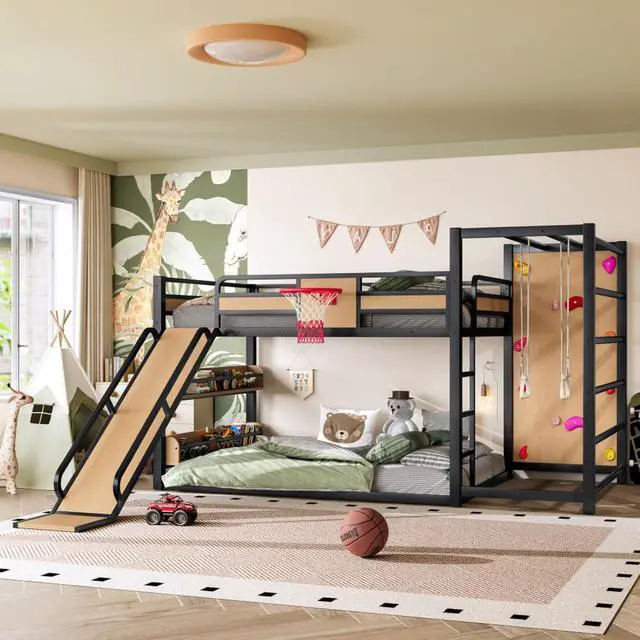 Alt view image 3 of 7 - Hassyee Twin XL/Twin/Full Size Metal Loft/Bunk Bed with Basketball Hoop, Climbing Wall and Bookshelves, Dorm Bed with Slide, Guardrail and Ladder for Boys Girls Bedroom Playroom (Yellow Full)