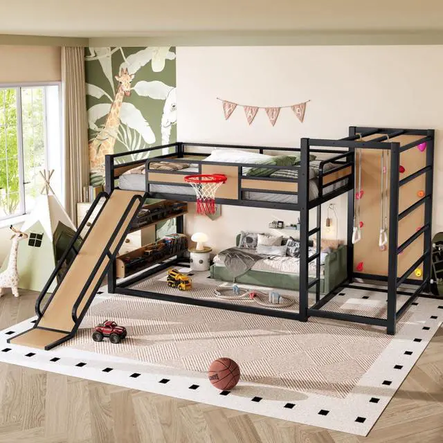 Alt view image 4 of 7 - Hassyee Twin XL/Twin/Full Size Metal Loft/Bunk Bed with Basketball Hoop, Climbing Wall and Bookshelves, Dorm Bed with Slide, Guardrail and Ladder for Boys Girls Bedroom Playroom (Yellow Full)
