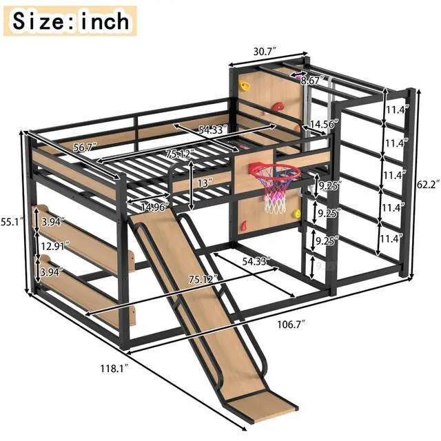 Alt view image 2 of 7 - Hassyee Twin XL/Twin/Full Size Metal Loft/Bunk Bed with Basketball Hoop, Climbing Wall and Bookshelves, Dorm Bed with Slide, Guardrail and Ladder for Boys Girls Bedroom Playroom (Yellow Full)
