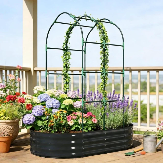 Alt view image 2 of 7 - Hassyee Outdoor Raised Garden Bed with Arched Trellis and Open Bottom Design for Backyard, Lawn, Metal Planter Box with Modular Design for Growing Herbs, Flowers, Plants