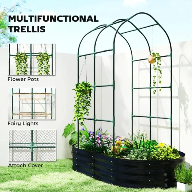 Alt view image 5 of 7 - Hassyee Outdoor Raised Garden Bed with Arched Trellis and Open Bottom Design for Backyard, Lawn, Metal Planter Box with Modular Design for Growing Herbs, Flowers, Plants