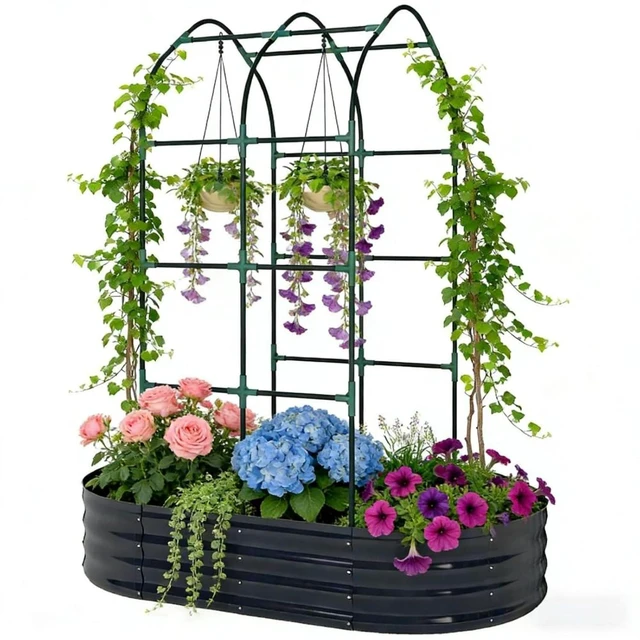 Alt view image 7 of 7 - Hassyee Outdoor Raised Garden Bed with Arched Trellis and Open Bottom Design for Backyard, Lawn, Metal Planter Box with Modular Design for Growing Herbs, Flowers, Plants