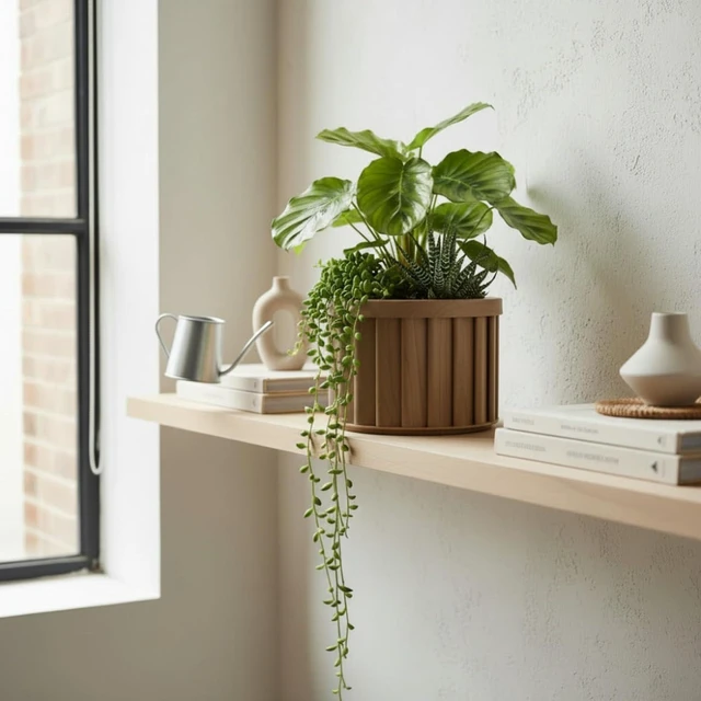 Main image of Hassyee Round Strata Planter with Drainage Tray and Lightweight Aluminium Frame for Growing Flowers, Herbs, Outdoor Flower Pot with Wood-Tone Powder-Coat Finish for Shelf, Desk, Porch