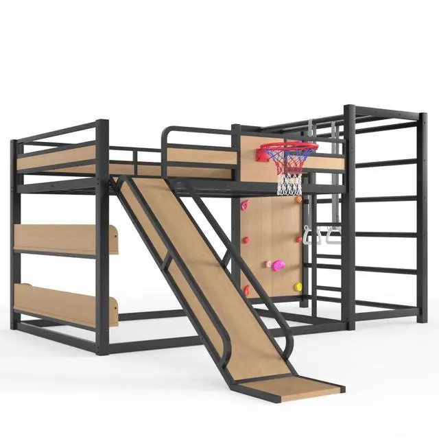 Alt view image 6 of 7 - Hassyee Twin XL/Twin/Full Size Metal Loft/Bunk Bed with Basketball Hoop, Climbing Wall and Bookshelves, Dorm Bed with Slide, Guardrail and Ladder for Boys Girls Bedroom Playroom (Yellow Full)