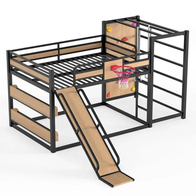 Alt view image 5 of 7 - Hassyee Twin XL/Twin/Full Size Metal Loft/Bunk Bed with Basketball Hoop, Climbing Wall and Bookshelves, Dorm Bed with Slide, Guardrail and Ladder for Boys Girls Bedroom Playroom (Yellow Full)
