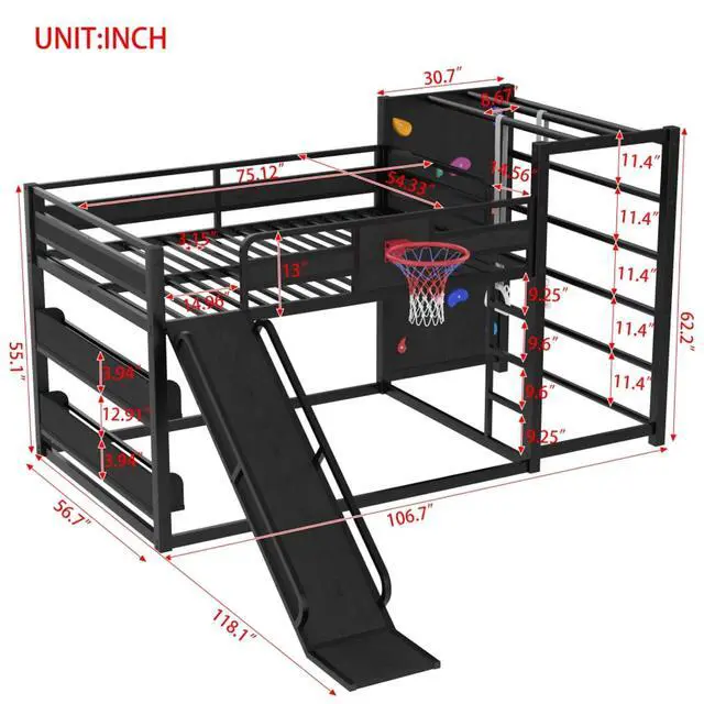 Alt view image 2 of 7 - Hassyee Twin XL/Twin/Full Size Metal Loft/Bunk Bed with Basketball Hoop, Climbing Wall and Bookshelves, Dorm Bed with Slide, Guardrail and Ladder for Boys Girls Bedroom Playroom (Black Full)