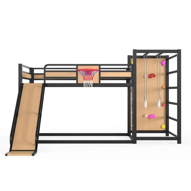 Alt view image 7 of 7 - Hassyee Twin XL/Twin/Full Size Metal Loft/Bunk Bed with Basketball Hoop, Climbing Wall and Bookshelves, Dorm Bed with Slide, Guardrail and Ladder for Boys Girls Bedroom Playroom (Yellow Full)