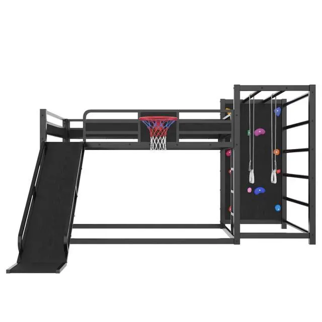Alt view image 6 of 7 - Hassyee Twin XL/Twin/Full Size Metal Loft/Bunk Bed with Basketball Hoop, Climbing Wall and Bookshelves, Dorm Bed with Slide, Guardrail and Ladder for Boys Girls Bedroom Playroom (Black Full)