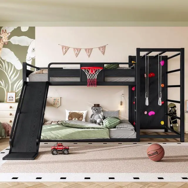 Alt view image 3 of 7 - Hassyee Twin XL/Twin/Full Size Metal Loft/Bunk Bed with Basketball Hoop, Climbing Wall and Bookshelves, Dorm Bed with Slide, Guardrail and Ladder for Boys Girls Bedroom Playroom (Black Full)