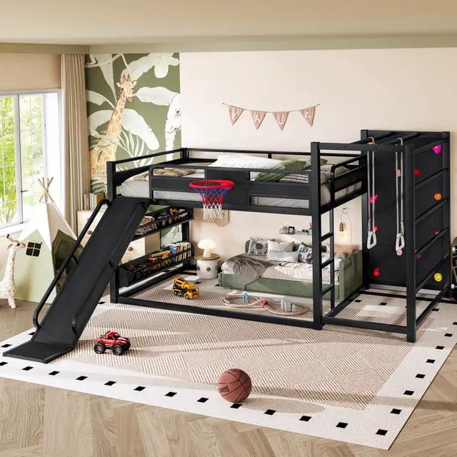 Alt view image 4 of 7 - Hassyee Twin XL/Twin/Full Size Metal Loft/Bunk Bed with Basketball Hoop, Climbing Wall and Bookshelves, Dorm Bed with Slide, Guardrail and Ladder for Boys Girls Bedroom Playroom (Black Full)