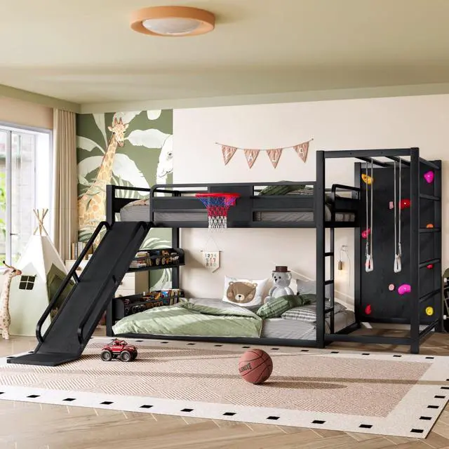Alt view image 5 of 7 - Hassyee Twin XL/Twin/Full Size Metal Loft/Bunk Bed with Basketball Hoop, Climbing Wall and Bookshelves, Dorm Bed with Slide, Guardrail and Ladder for Boys Girls Bedroom Playroom (Black Full)