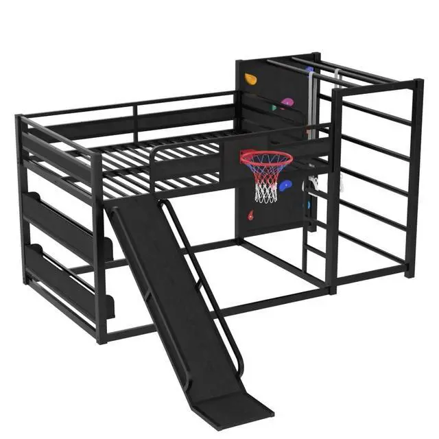 Alt view image 7 of 7 - Hassyee Twin XL/Twin/Full Size Metal Loft/Bunk Bed with Basketball Hoop, Climbing Wall and Bookshelves, Dorm Bed with Slide, Guardrail and Ladder for Boys Girls Bedroom Playroom (Black Full)