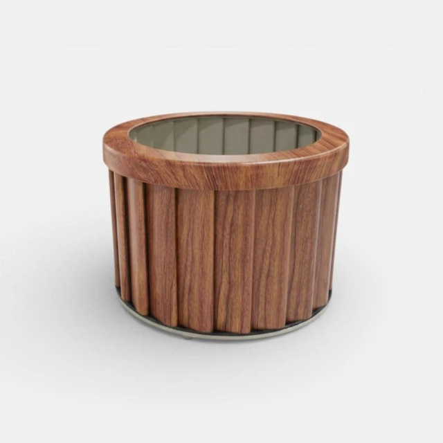 Alt view image 3 of 7 - Hassyee Round Strata Planter with Drainage Tray and Lightweight Aluminium Frame for Growing Flowers, Herbs, Outdoor Flower Pot with Wood-Tone Powder-Coat Finish for Shelf, Desk, Porch