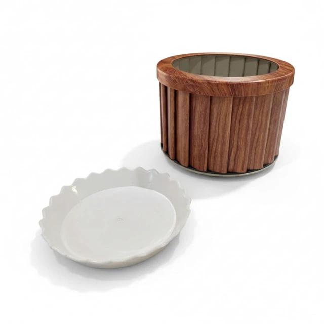 Alt view image 5 of 7 - Hassyee Round Strata Planter with Drainage Tray and Lightweight Aluminium Frame for Growing Flowers, Herbs, Outdoor Flower Pot with Wood-Tone Powder-Coat Finish for Shelf, Desk, Porch