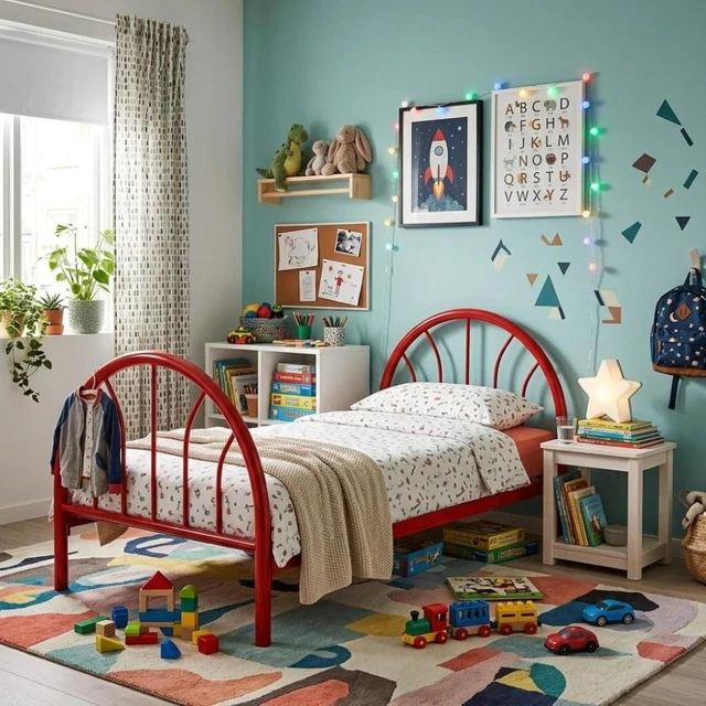 Main image of Twin Size Metal Platform Bed with Arched Headboard and Footboard, Panel Bedframe Mattress Base with Under-Bed Storage Space and Slats Support for Master Bedroom Guest Room Apartment (Red Twin)