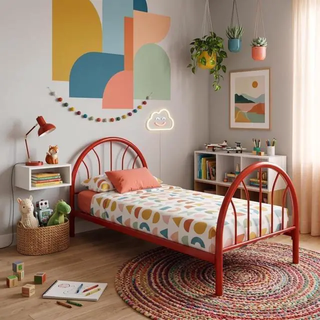 Alt view image 2 of 7 - Twin Size Metal Platform Bed with Arched Headboard and Footboard, Panel Bedframe Mattress Base with Under-Bed Storage Space and Slats Support for Master Bedroom Guest Room Apartment (Red Twin)