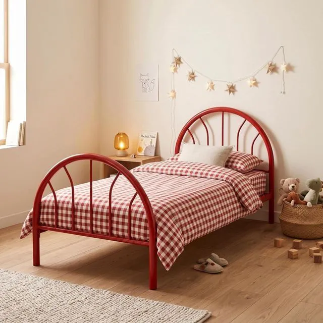 Alt view image 3 of 7 - Twin Size Metal Platform Bed with Arched Headboard and Footboard, Panel Bedframe Mattress Base with Under-Bed Storage Space and Slats Support for Master Bedroom Guest Room Apartment (Red Twin)