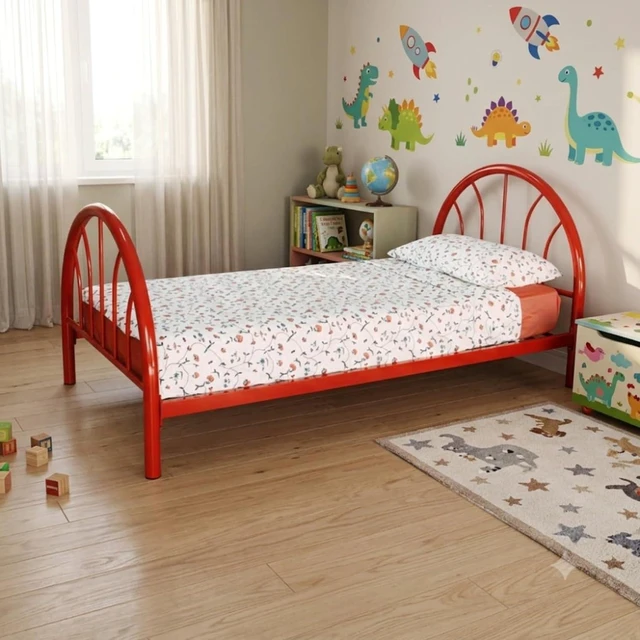 Alt view image 4 of 7 - Twin Size Metal Platform Bed with Arched Headboard and Footboard, Panel Bedframe Mattress Base with Under-Bed Storage Space and Slats Support for Master Bedroom Guest Room Apartment (Red Twin)