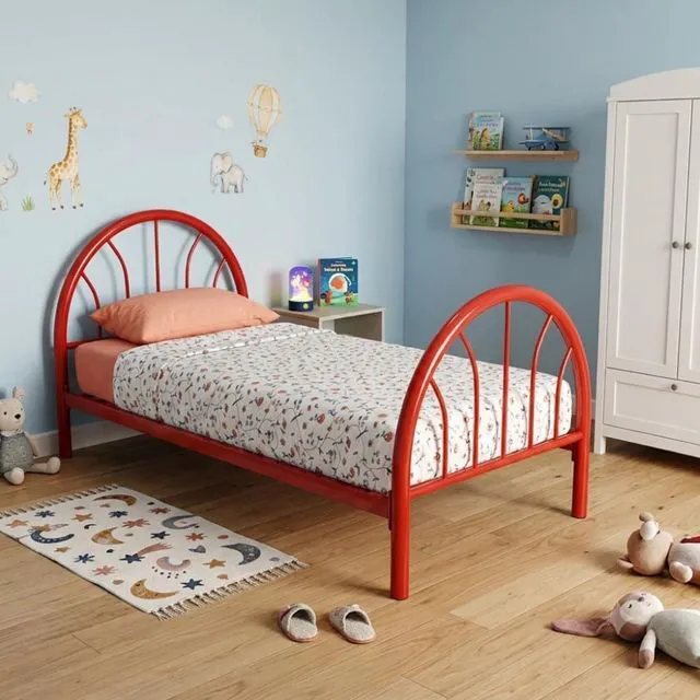 Alt view image 5 of 7 - Twin Size Metal Platform Bed with Arched Headboard and Footboard, Panel Bedframe Mattress Base with Under-Bed Storage Space and Slats Support for Master Bedroom Guest Room Apartment (Red Twin)