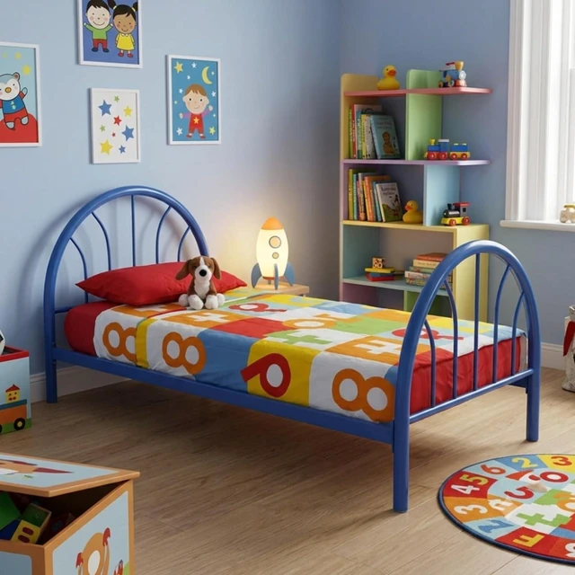 Main image of Twin Size Platform Bed with Arched Headboard and Footboard, Metal Panel Bed Frame with Under-Bed Storage Space and Slats Support for Master Bedroom Guest Room Apartment, Quick Assembly (Blue Twin)