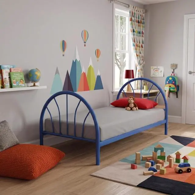 Alt view image 2 of 6 - Twin Size Platform Bed with Arched Headboard and Footboard, Metal Panel Bed Frame with Under-Bed Storage Space and Slats Support for Master Bedroom Guest Room Apartment, Quick Assembly (Blue Twin)