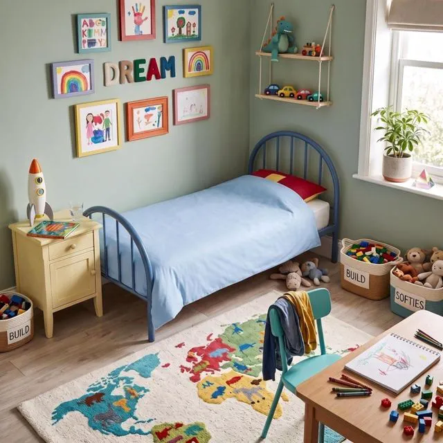 Alt view image 3 of 6 - Twin Size Platform Bed with Arched Headboard and Footboard, Metal Panel Bed Frame with Under-Bed Storage Space and Slats Support for Master Bedroom Guest Room Apartment, Quick Assembly (Blue Twin)
