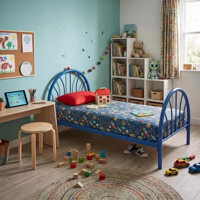 Alt view image 5 of 6 - Twin Size Platform Bed with Arched Headboard and Footboard, Metal Panel Bed Frame with Under-Bed Storage Space and Slats Support for Master Bedroom Guest Room Apartment, Quick Assembly (Blue Twin)