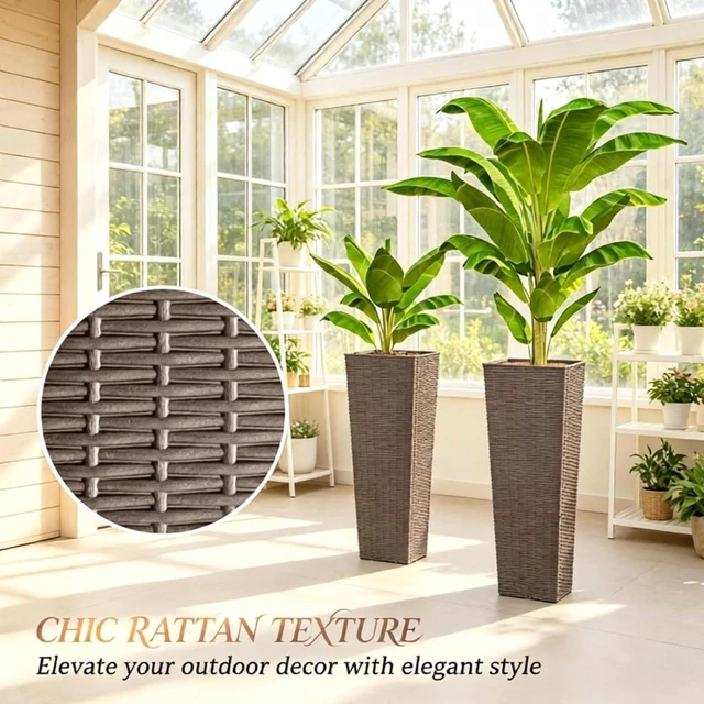 Alt view image 4 of 7 - Hassyee 2 Pieces Tall Square Planter Set with Drainage Holes for Growing Flowers, Plants, Outdoor Plastic Flower Pots with Stackable Design and Rattan-Look Surface for Lawn, Porch