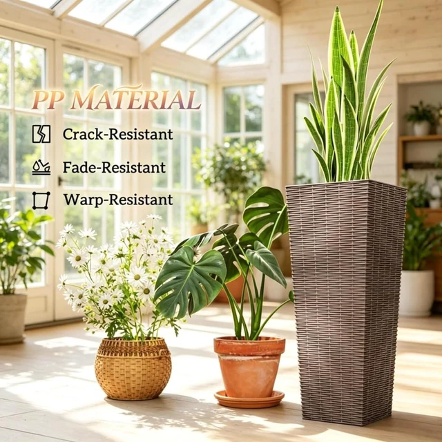 Alt view image 5 of 7 - Hassyee 2 Pieces Tall Square Planter Set with Drainage Holes for Growing Flowers, Plants, Outdoor Plastic Flower Pots with Stackable Design and Rattan-Look Surface for Lawn, Porch