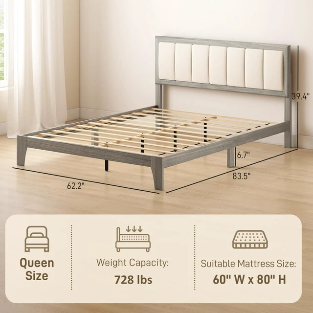 Alt view image 2 of 7 - Hassyee Queen Size Platform Bed Frame with Wooden Slat Support and Upholstered Headboard, Panel Bedframe Mattress Base for Master Bedroom Guest Room Apartment, No Box Spring Needed