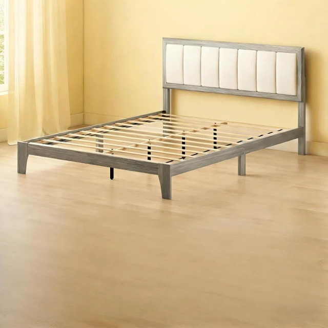 Alt view image 3 of 7 - Hassyee Queen Size Platform Bed Frame with Wooden Slat Support and Upholstered Headboard, Panel Bedframe Mattress Base for Master Bedroom Guest Room Apartment, No Box Spring Needed