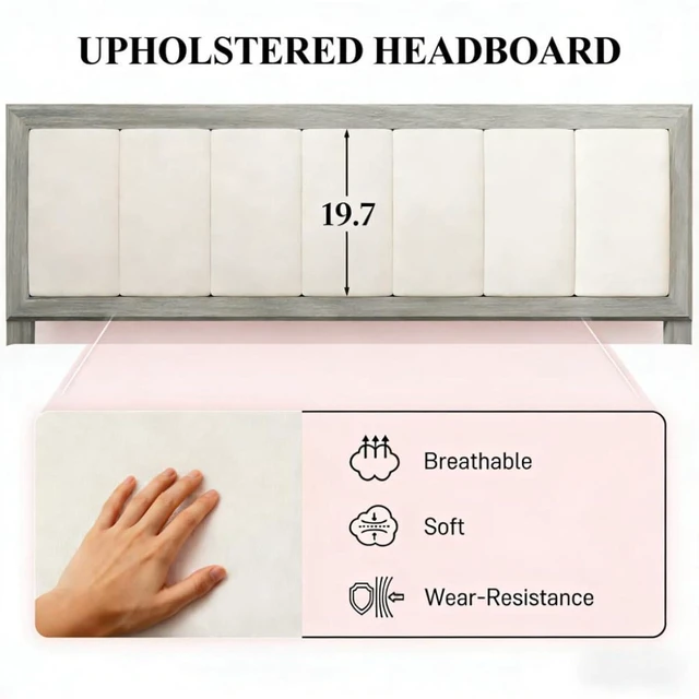 Alt view image 5 of 7 - Hassyee Queen Size Platform Bed Frame with Wooden Slat Support and Upholstered Headboard, Panel Bedframe Mattress Base for Master Bedroom Guest Room Apartment, No Box Spring Needed