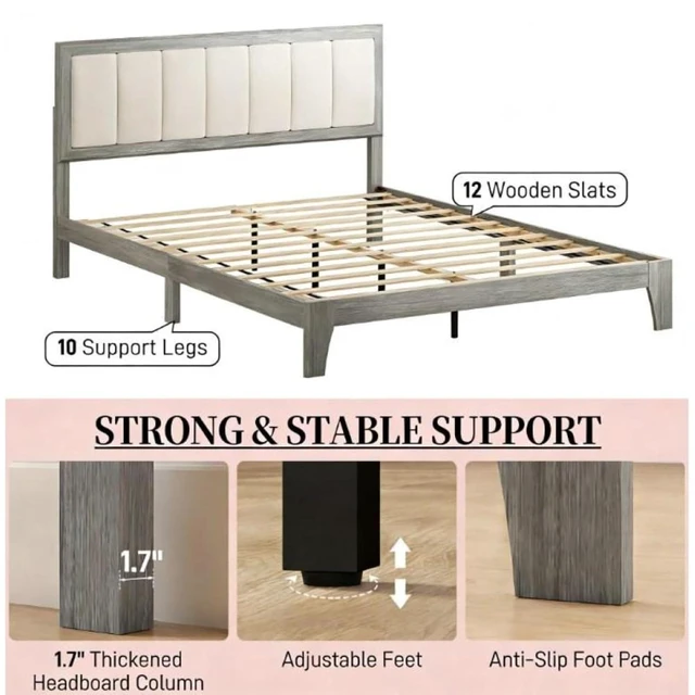 Alt view image 4 of 7 - Hassyee Queen Size Platform Bed Frame with Wooden Slat Support and Upholstered Headboard, Panel Bedframe Mattress Base for Master Bedroom Guest Room Apartment, No Box Spring Needed