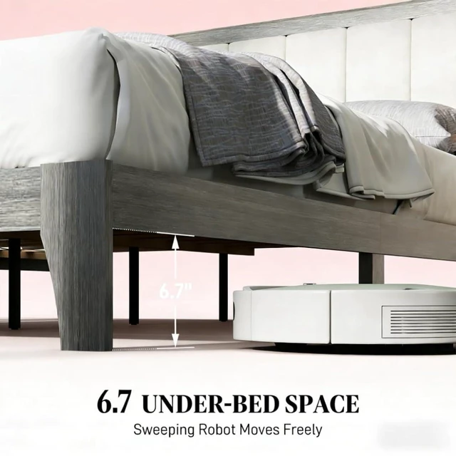 Alt view image 6 of 7 - Hassyee Queen Size Platform Bed Frame with Wooden Slat Support and Upholstered Headboard, Panel Bedframe Mattress Base for Master Bedroom Guest Room Apartment, No Box Spring Needed