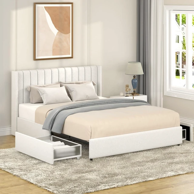 Main image of Hassyee Queen Size Boucle Upholstered Platform Bed with Tufted Headboard, Panel Bedframe Mattress Base with 2-Drawers and Wooden Slat Support for Master Bedroom Guest Room Apartment