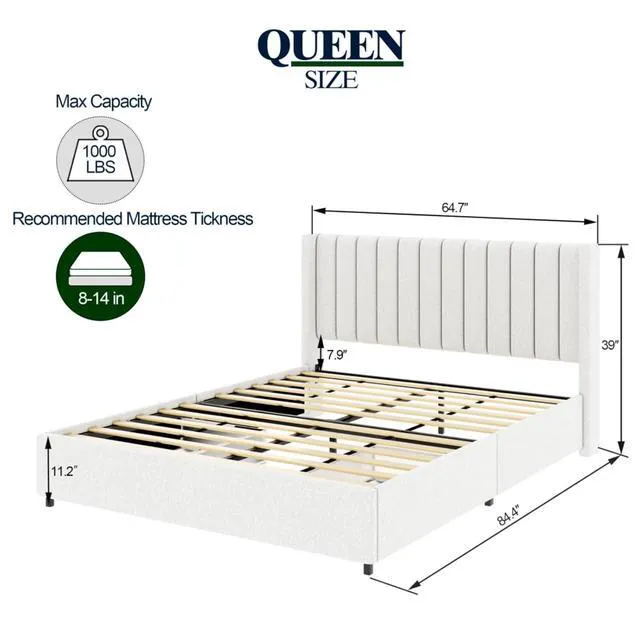Alt view image 2 of 7 - Hassyee Queen Size Boucle Upholstered Platform Bed with Tufted Headboard, Panel Bedframe Mattress Base with 2-Drawers and Wooden Slat Support for Master Bedroom Guest Room Apartment